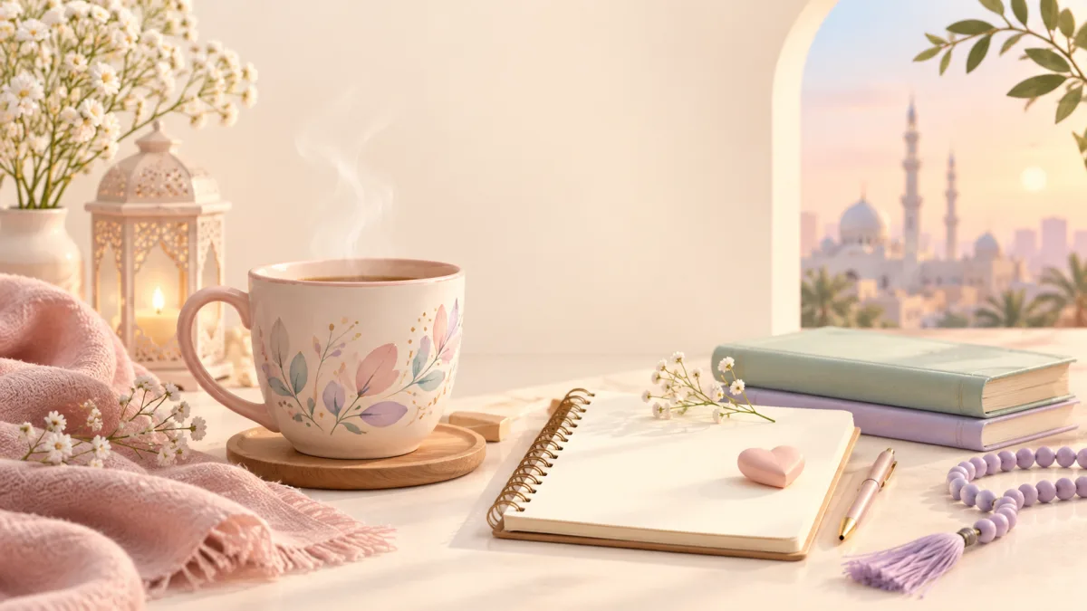 Notebook, tea and prayer beads in a quiet space, accompanying daily duas in a busy life