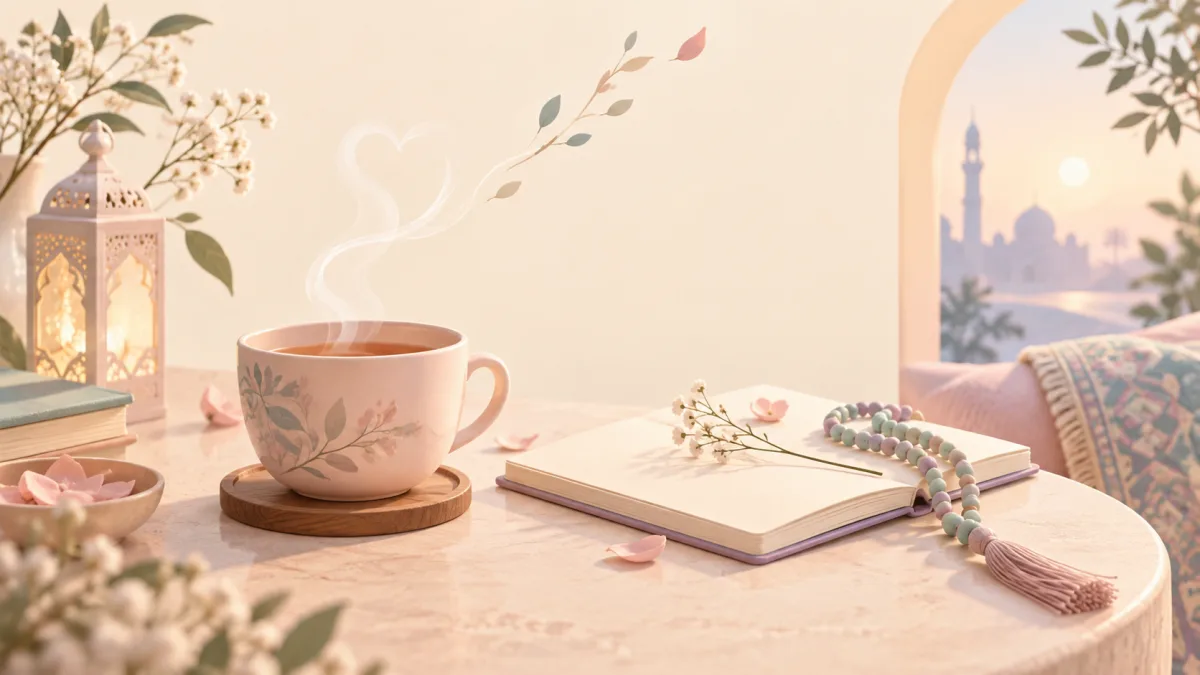 Tea, an open notebook and prayer beads beside a window, accompanying dhikr in a busy life