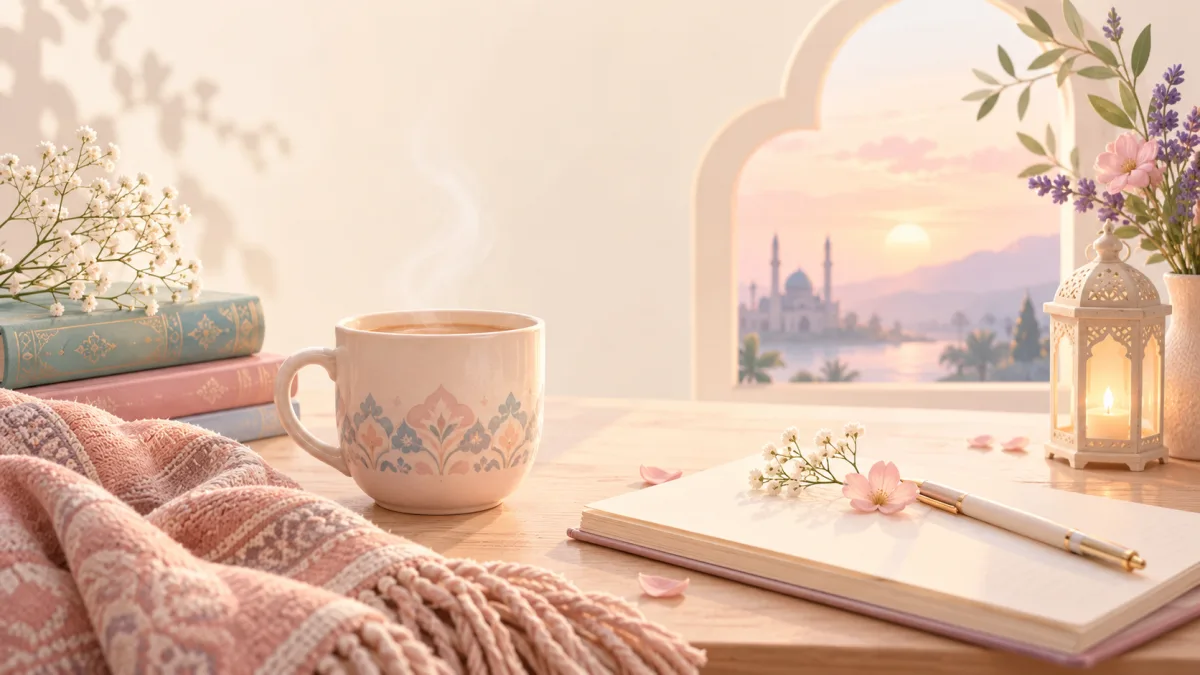 Tea, notebook and pen beside a glowing lantern and sunset window, illustrating a pause for dua during hardship.