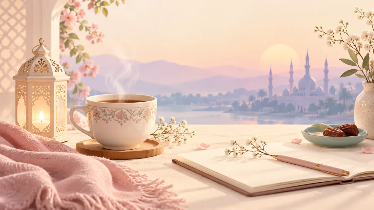 Open notebook, tea and lantern with a mosque beyond the window, illustrating prayer times in a busy life