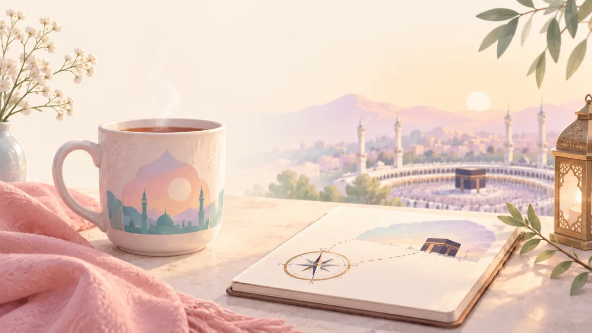 Tea and a notebook with compass and Kaaba motifs, illustrating space for qiblah and adhan in a busy life