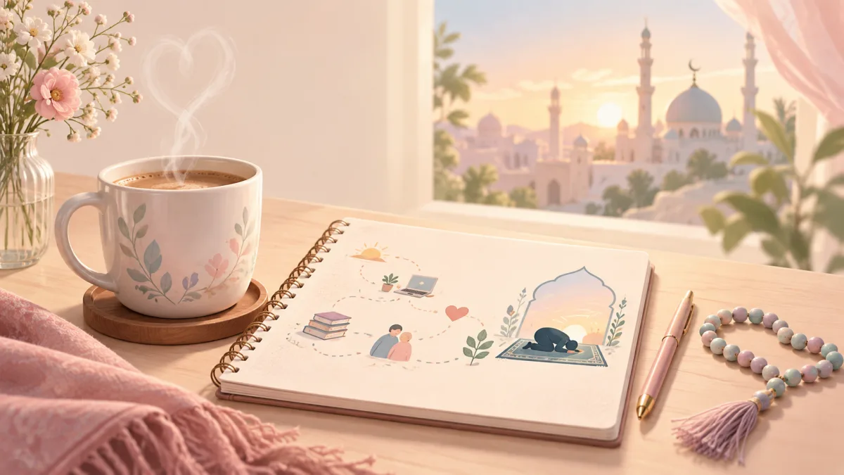 Notebook with work, family and prayer illustrations beside coffee and prayer beads, illustrating salah on a busy day