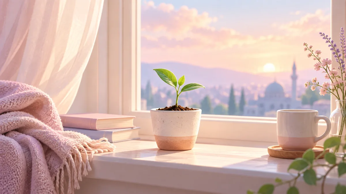 Small potted plant, books and mug on a sunlit windowsill, illustrating time for spiritual burnout care