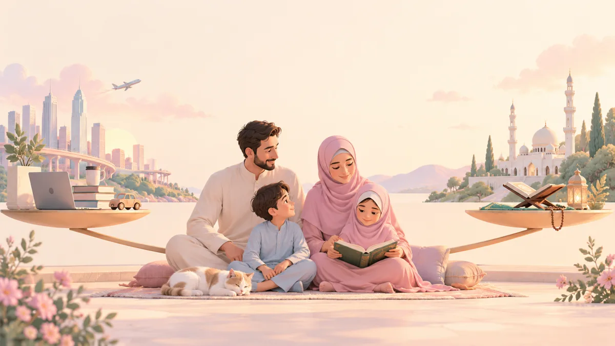 Family reading together between work and prayer items, illustrating worship and household routines after a move