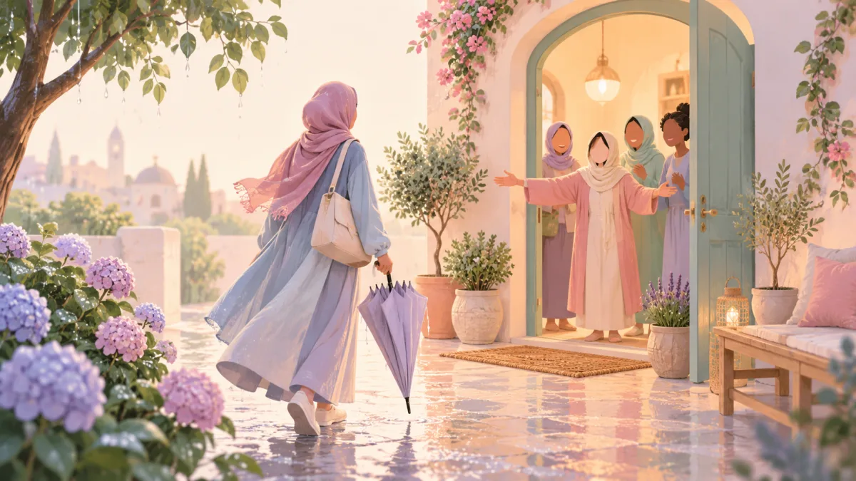 Woman holding an umbrella returning to community friends who welcome her through a flower-lined doorway