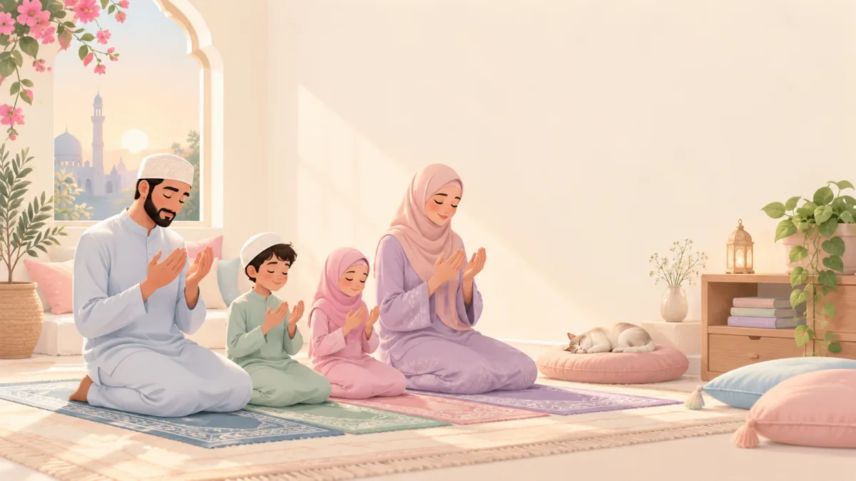 Family making dua together on prayer rugs, accompanying a return to a daily Muslim routine