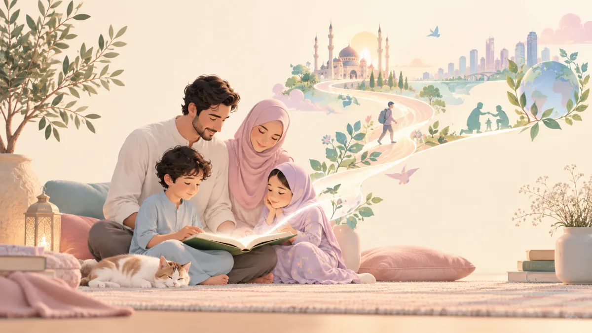 Family reading an open book together, illustrating support for religious learning after online arguments