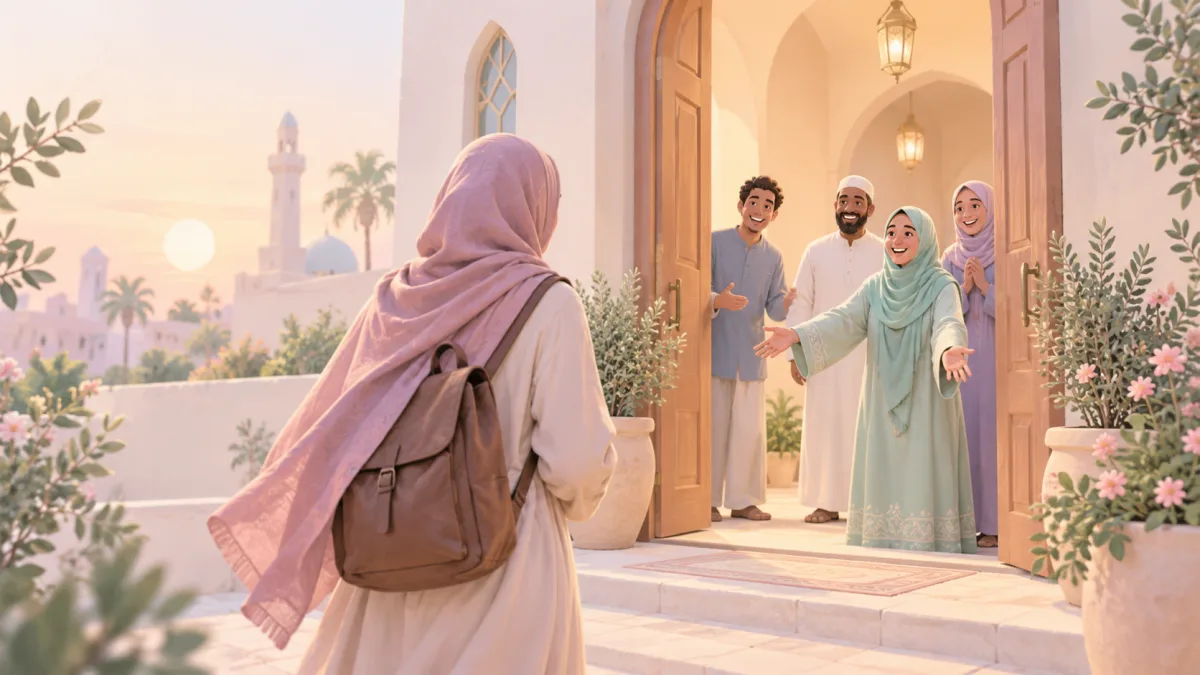 Woman with a backpack welcomed by a group at an open doorway, illustrating returning to Islamic learning