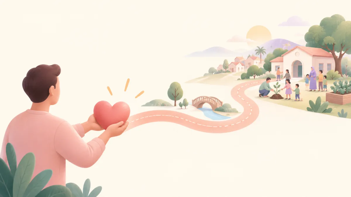 Person holding a pink heart beside a path to neighbours planting a tree, illustrating returning to giving
