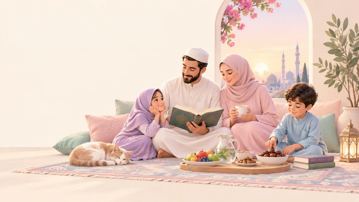 Family reading together beside fruit and dates, illustrating support for a return to halal habits
