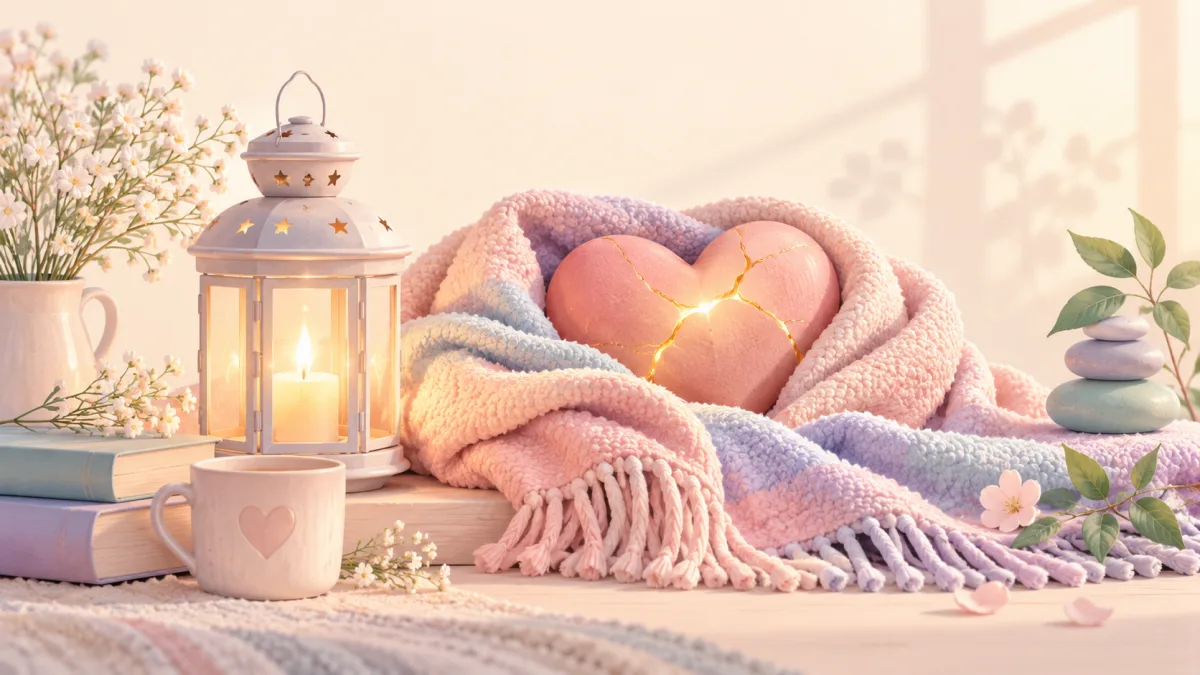 Pink heart with glowing golden seams wrapped in a soft blanket beside a lantern, illustrating resuming care for the heart.
