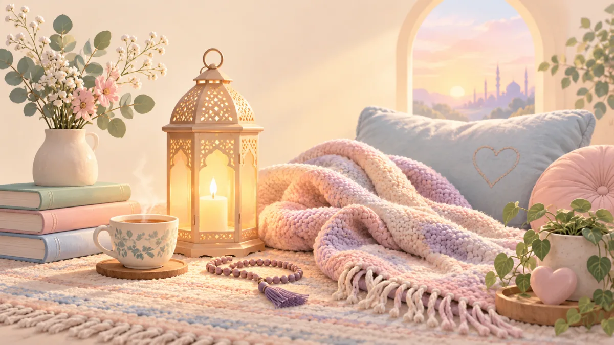 Glowing lantern, tea and prayer beads beside soft blankets, illustrating resuming mental health care after a difficult season.