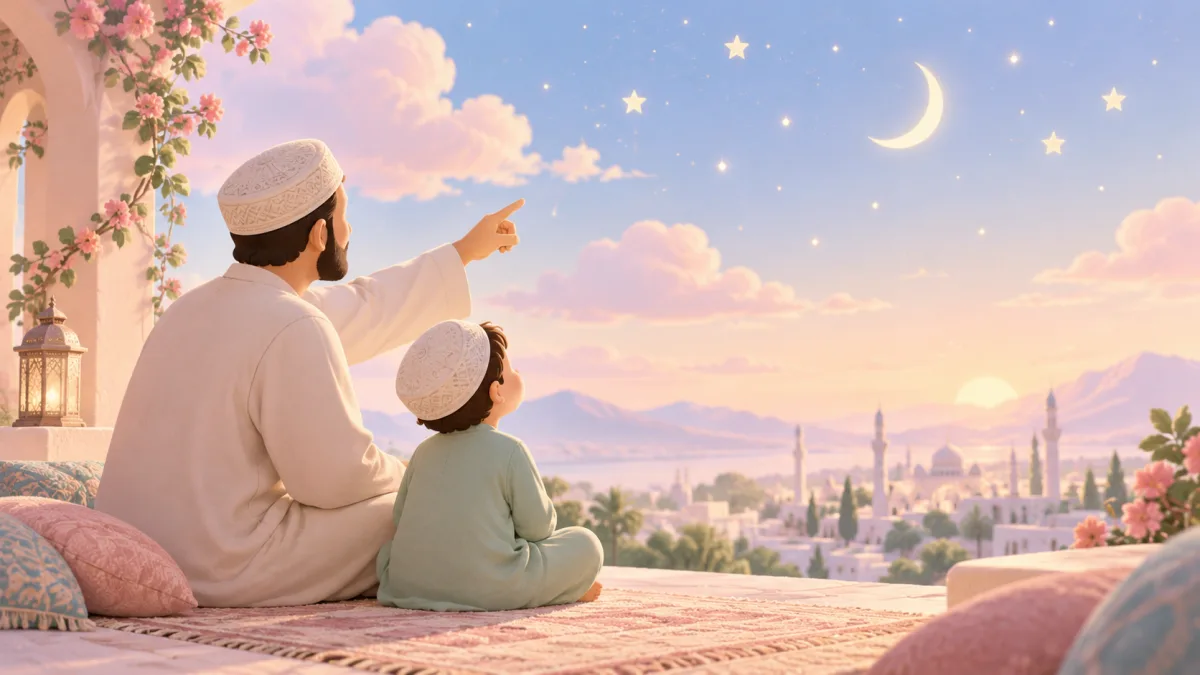 Resuming Islamic learning at home illustration: a father and son look at the crescent moon and stars together.