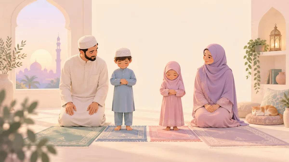 Parents seated beside two children standing on prayer mats, illustrating a return to learning salah