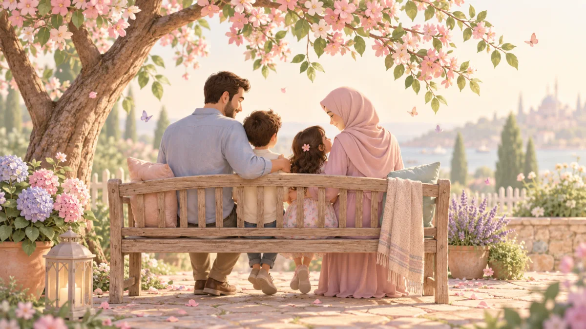 Returning to considerate care illustration: a family sits together on a garden bench beneath a blossoming tree.