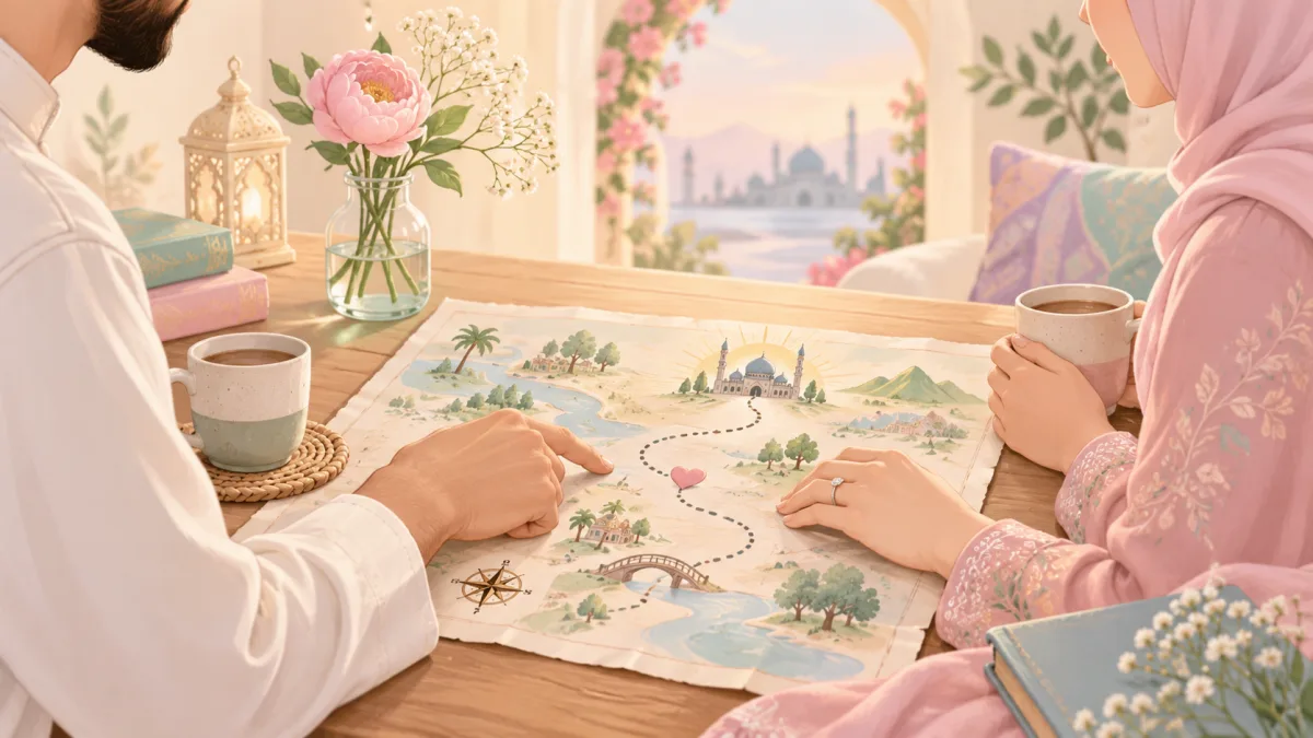 Muslim couple looking at a winding map together over tea, symbolising rebuilding connection in Muslim marriage.