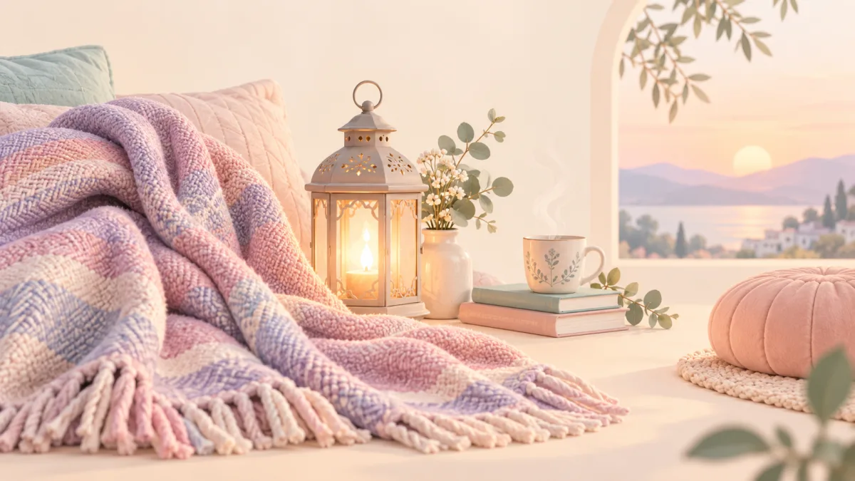 Blanket, glowing lantern, books and mug by a sunset window, accompanying renewing care for worry