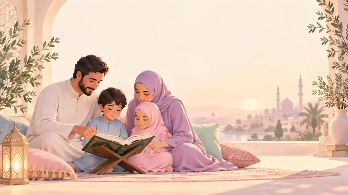 Parents and two children reading an open Quran together, illustrating a supported return to Quran reflection.