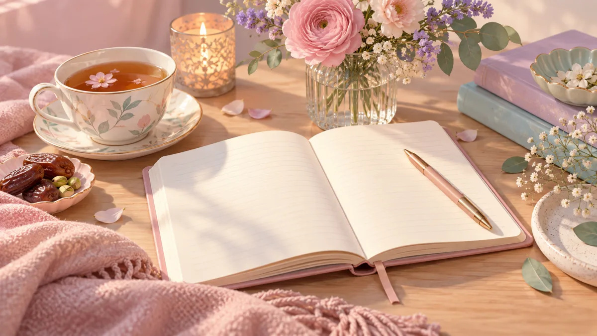 Returning to Ramadan reflection with an open journal, tea, dates and flowers