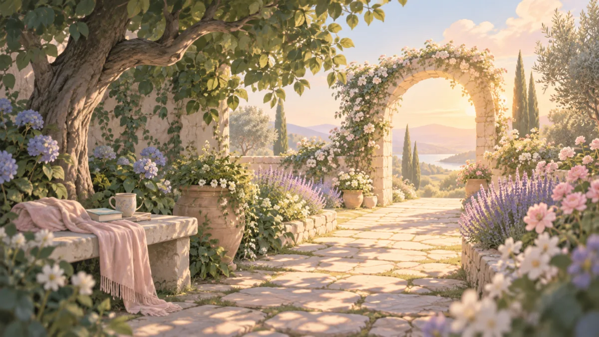 Sunlit garden path through a flower-covered stone arch, illustrating returning to gratitude