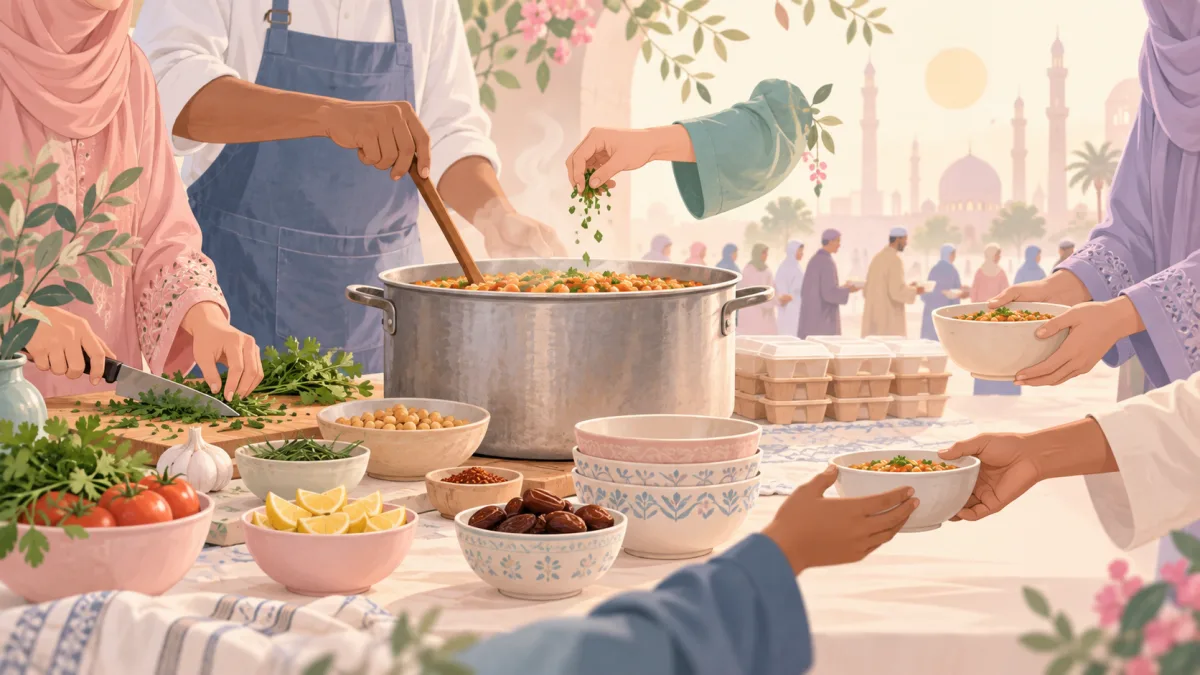 Volunteers preparing and sharing a community meal, illustrating returning to volunteering