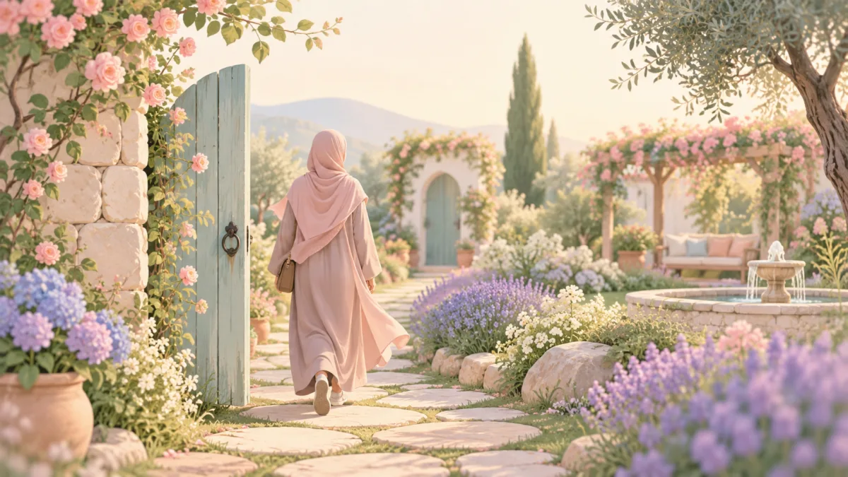 Woman walking through an open garden gate among flowers, illustrating returning to iman learning