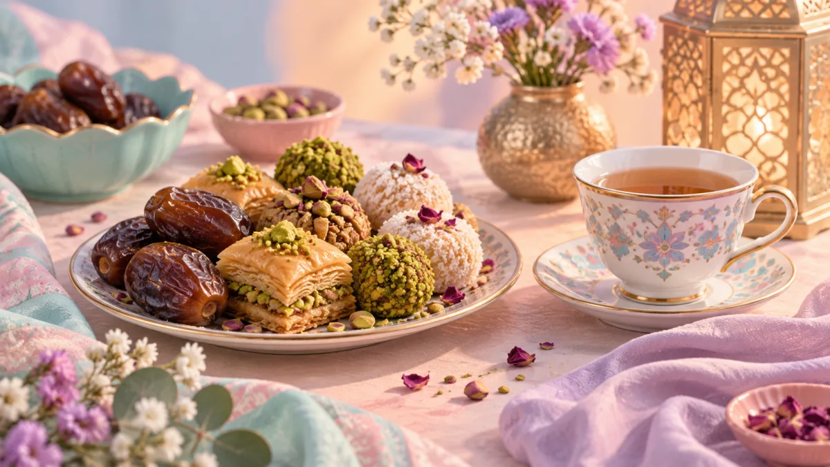 Dates, festive sweets, floral tea cup and lantern for Eid reflection with children