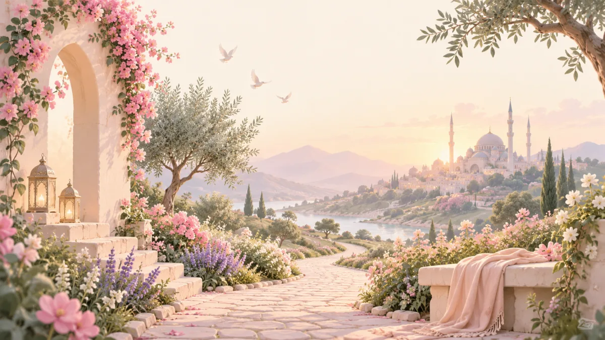 Flower-lined garden path toward a distant mosque, accompanying small practices for daily duas