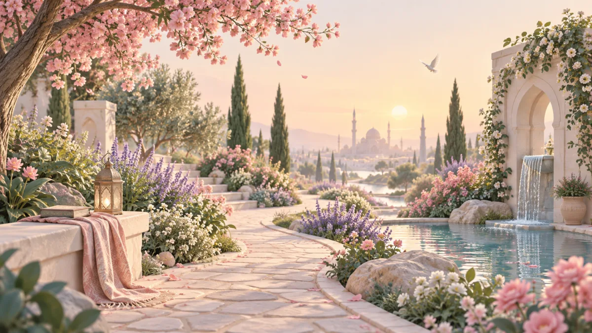 Garden path beside a fountain, flowers and a lantern, accompanying small practices for dhikr