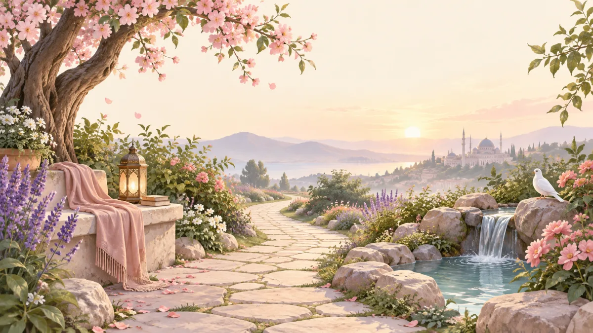 Flower-lined garden path beside a waterfall at sunset, illustrating gentle dua habits during hardship.