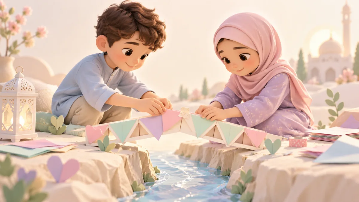 Two children building a decorated model bridge together, illustrating daily family care