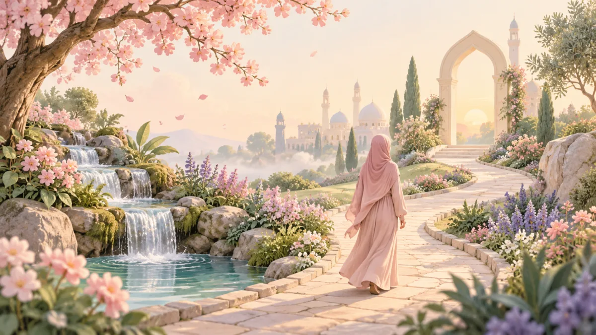 Woman walking along a flower-lined path beside waterfalls, illustrating small practices for Quran-guided living.