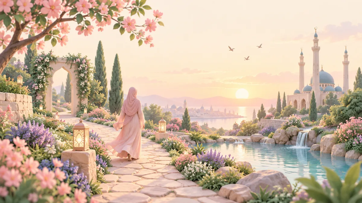 Woman walking along a flower-lined path near a mosque at sunset, illustrating following prayer times