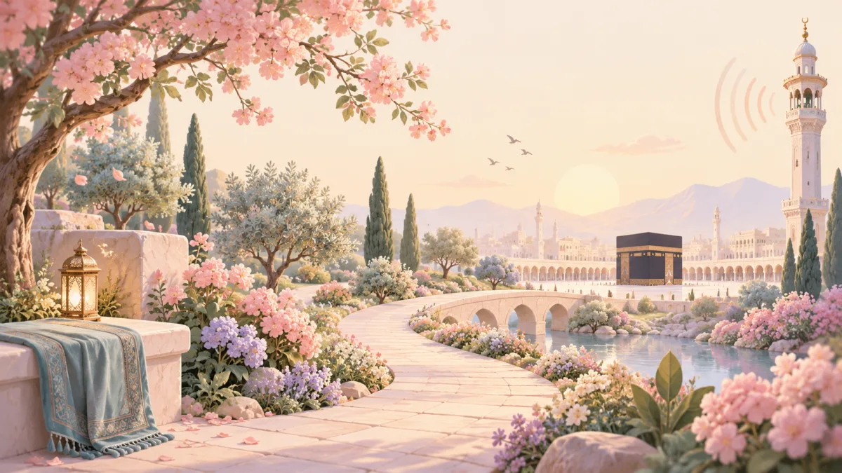 Illustrated garden path toward the Kaaba and a minaret, accompanying learning about qiblah and adhan
