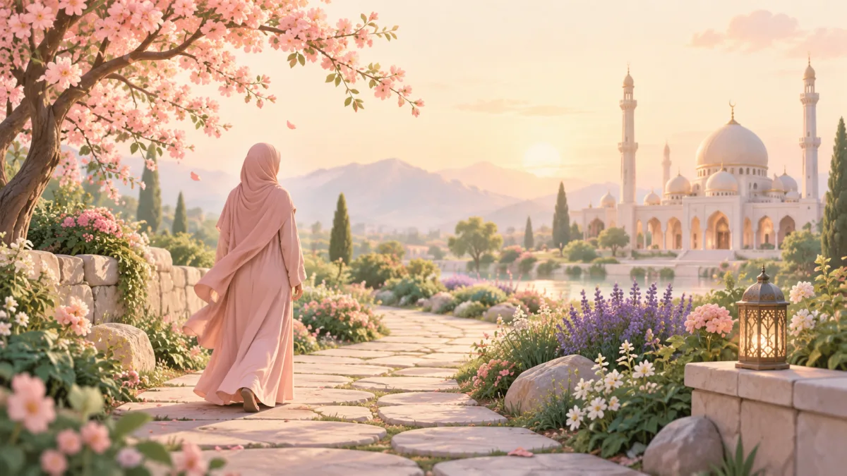 Woman walking along a flower-lined path toward a mosque, illustrating daily practices for salah