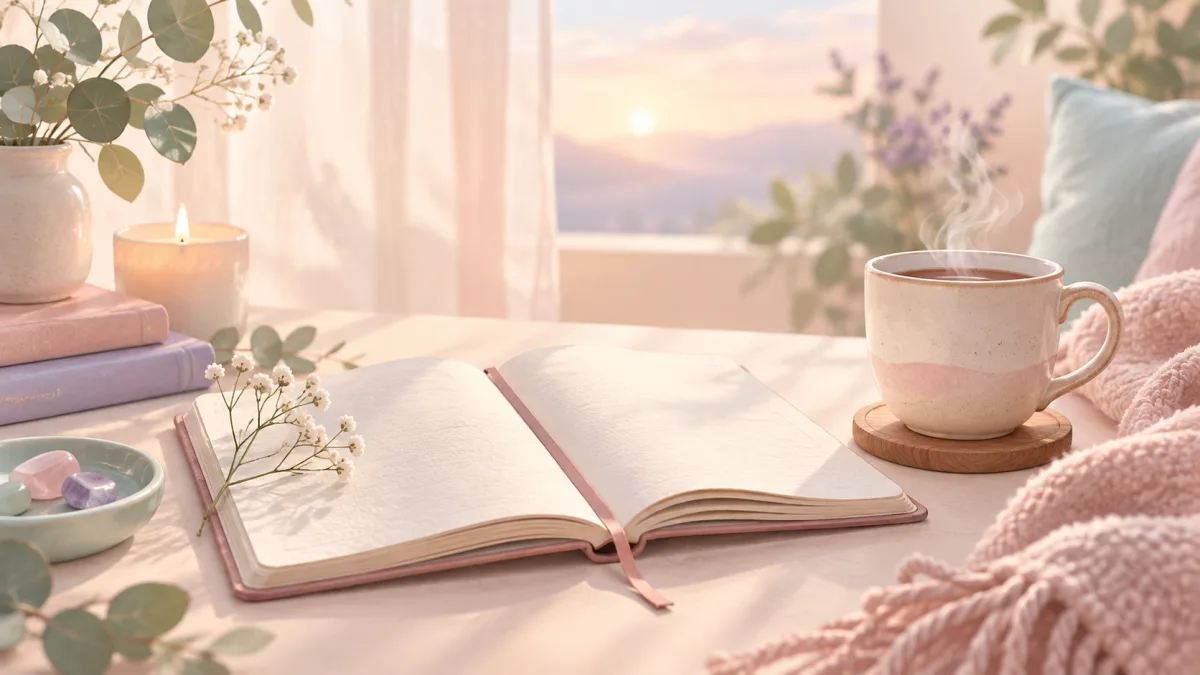 Open notebook and steaming mug beside flowers and a blanket, illustrating daily practices for spiritual burnout