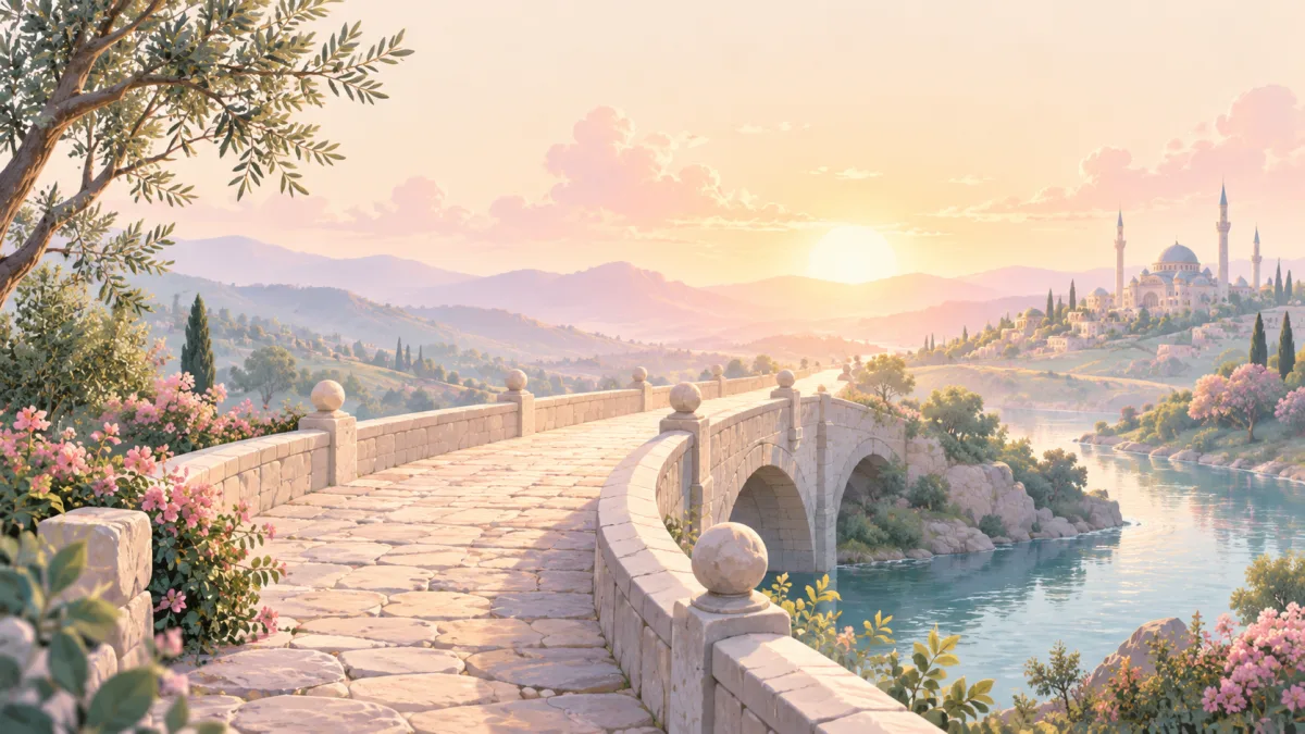 Stone bridge across a river toward a mosque at sunset, illustrating a way forward when tawakkul feels difficult