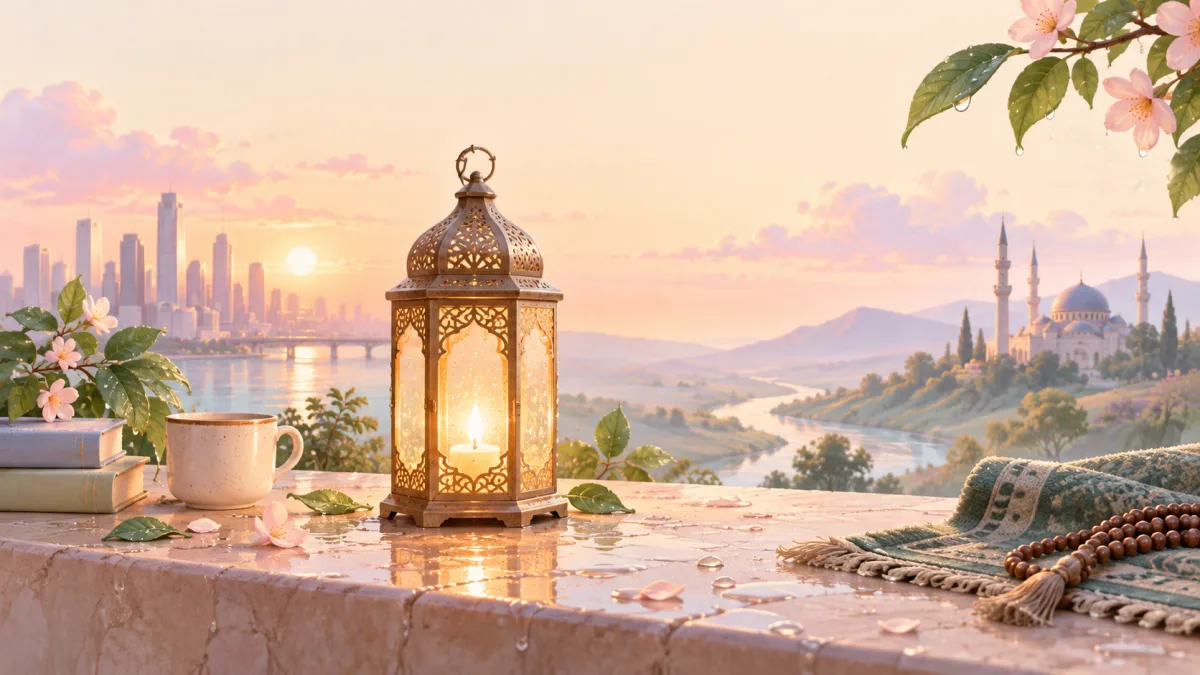 Lit lantern beside books, a cup, and prayer beads, illustrating reflecting on dunya and akhirah
