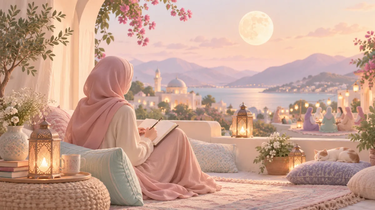 Woman reflecting on compassion while writing in a notebook on a lantern-lit terrace overlooking a mosque and lake