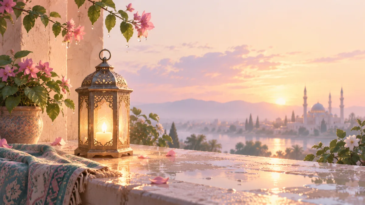 Glowing lantern beneath flowering branches overlooking a mosque, accompanying daily Muslim routine reflection