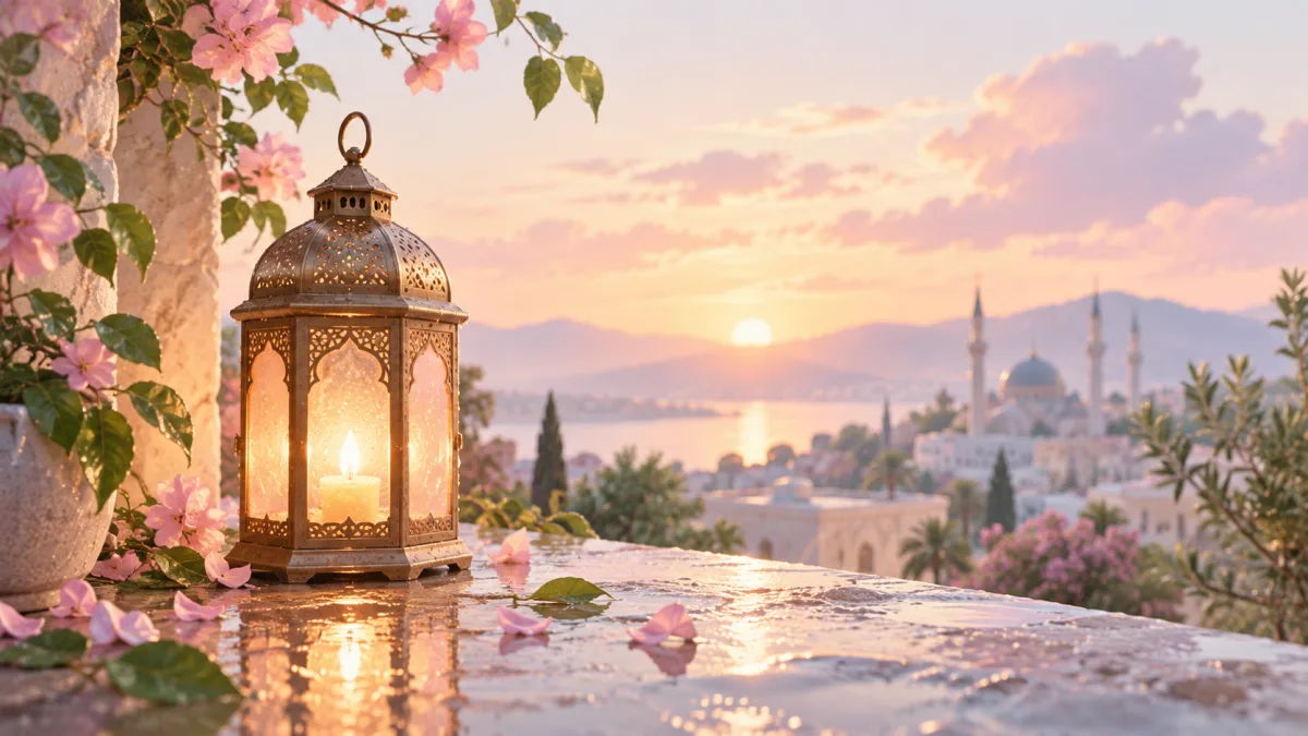 Glowing lantern among blossoms at sunset, accompanying reflection on faith in modern life