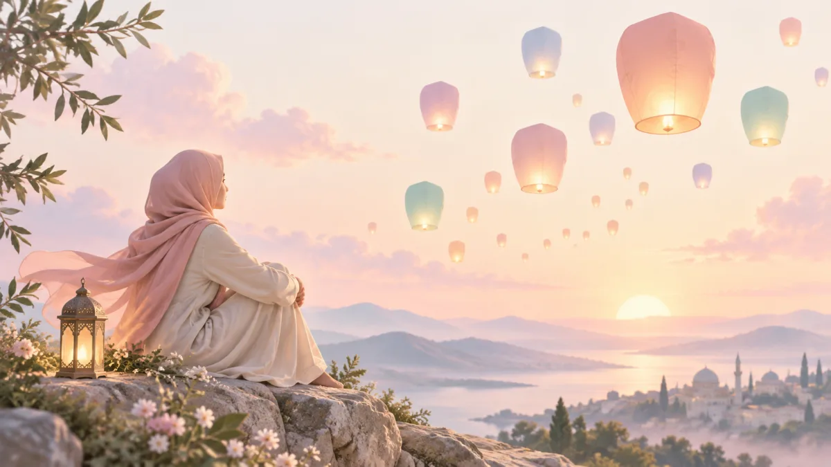 Woman watching floating lanterns above a sunrise valley, accompanying reflecting on faith