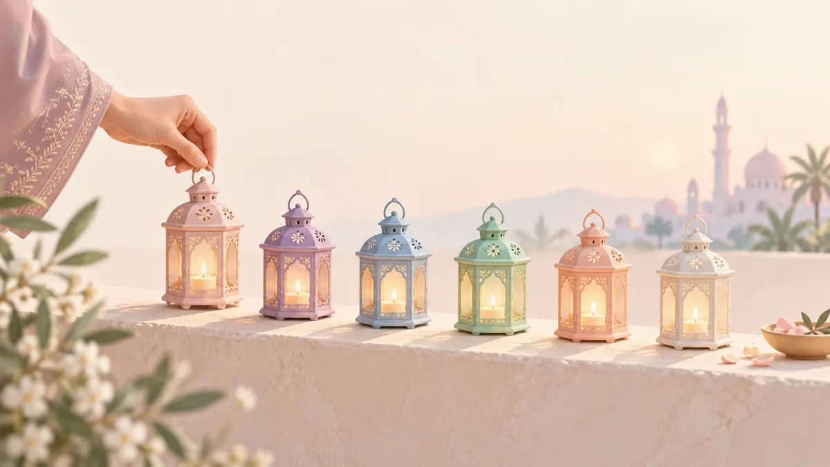 Hand arranging a row of glowing pastel lanterns, accompanying an article on reflecting on charity