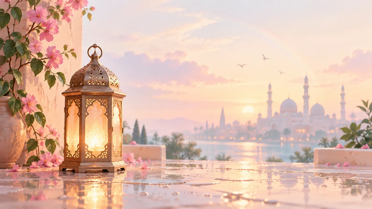 Glowing lantern beside blossoms with a mosque across the water, accompanying reflection on halal habits