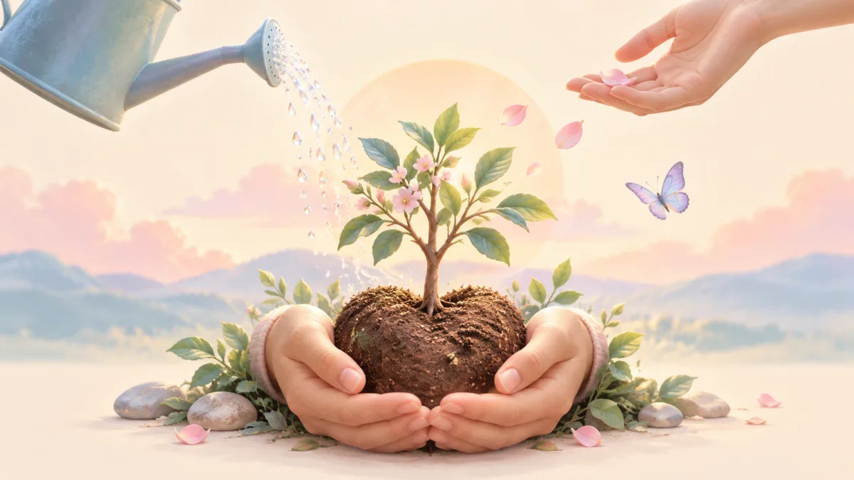 Hands holding a young flowering tree in heart-shaped soil, illustrating deeper reflection on healing the heart.
