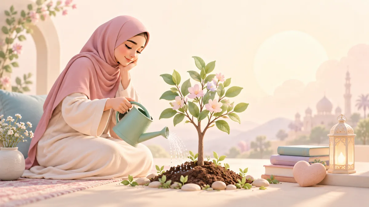 Woman watering a small flowering tree beside books and a lantern, illustrating reflecting on mental health care and faith.
