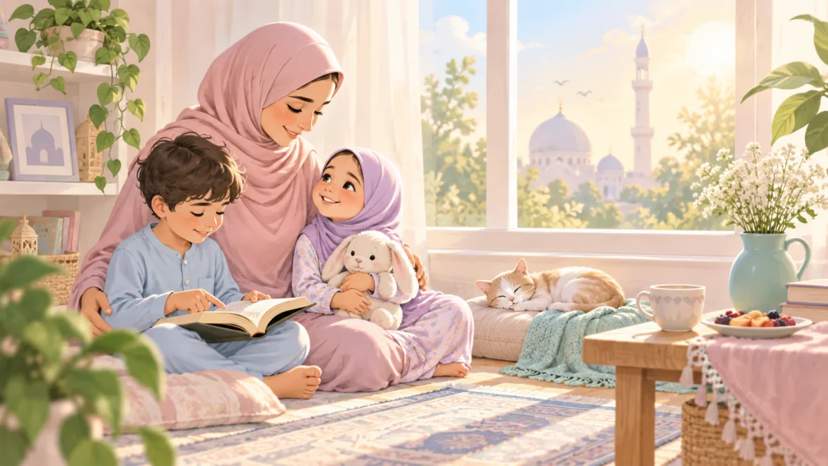 Deeper Islamic parenting reflection illustration: a mother sits with two children while a boy reads an open book.