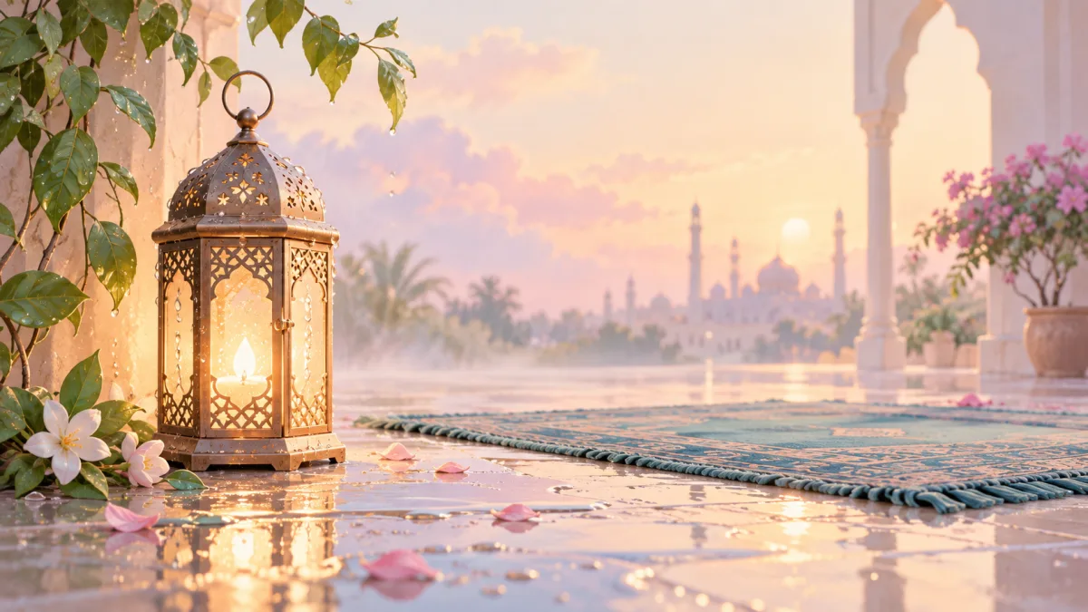 Glowing lantern beside a prayer mat on a flower-strewn terrace, accompanying reflection on learning salah