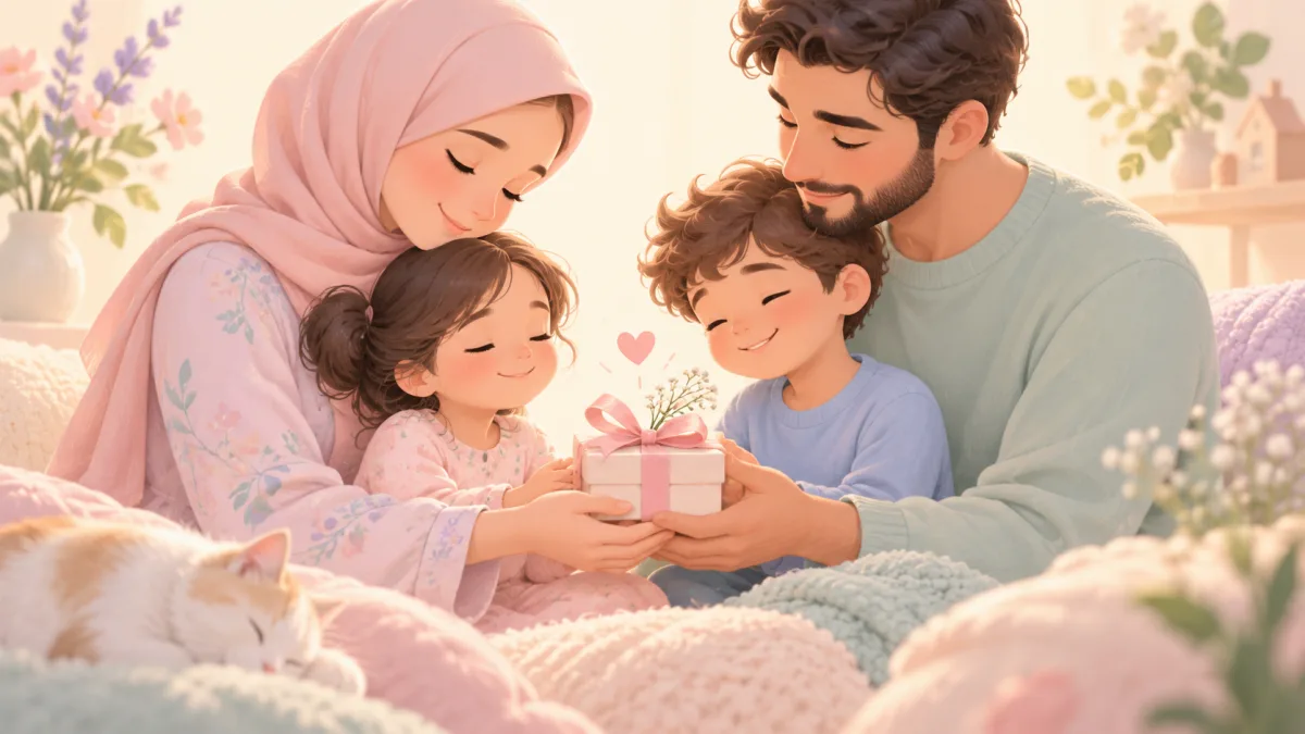 Deeper reflection on family care illustration: parents and two children hold a small gift box together.