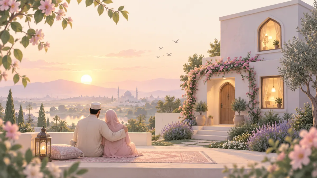 Muslim couple seated together outside a flower-framed home at sunset, accompanying deeper reflection on Muslim marriage.